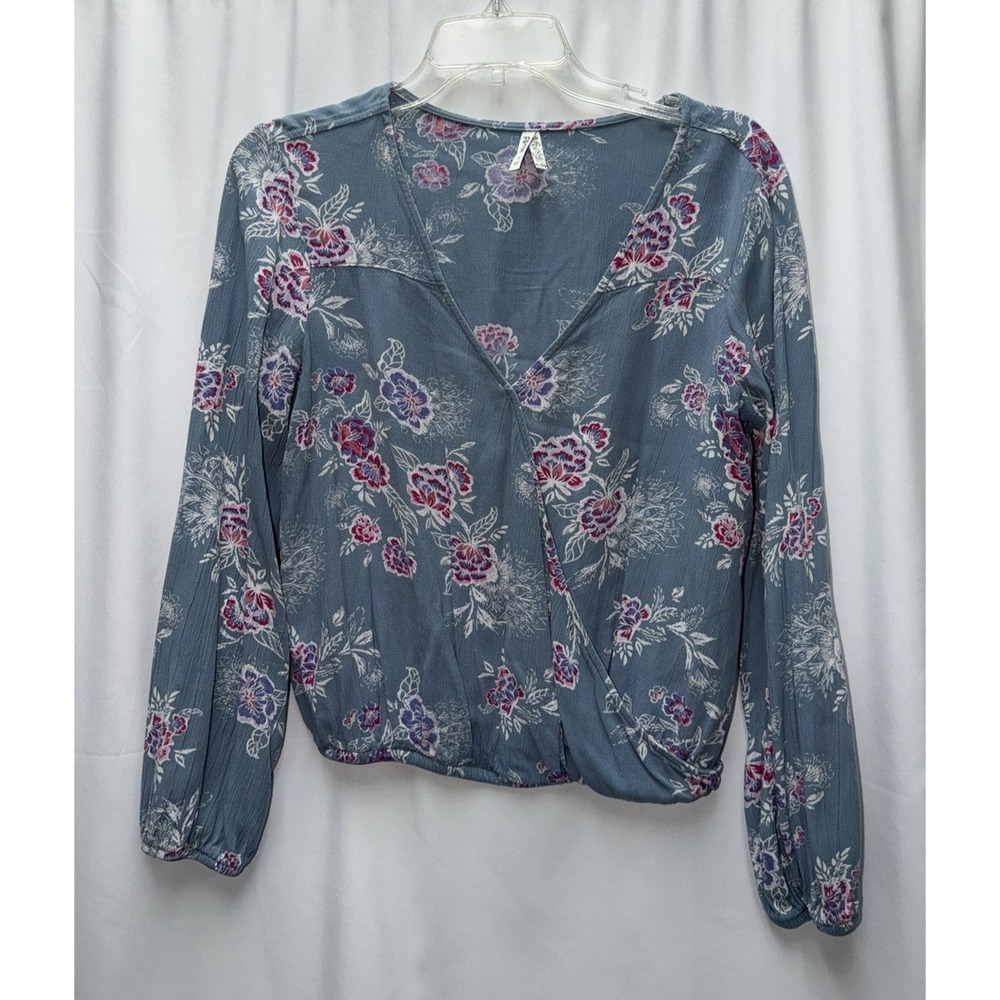 Mudd Top Women's Small Long Sleeve Wrap Look Lightweight Blue Floral